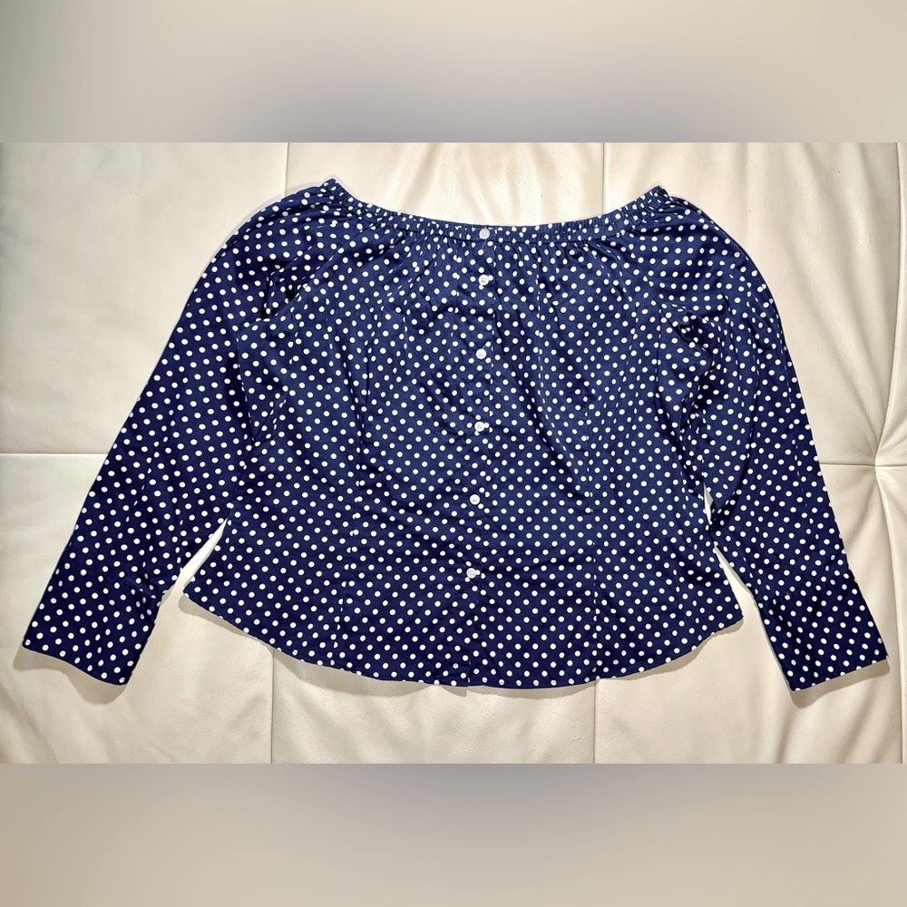 Lauren Ralph Lauren Navy & White Polka Dot Off-The-Shoulder Long Sleeve Top